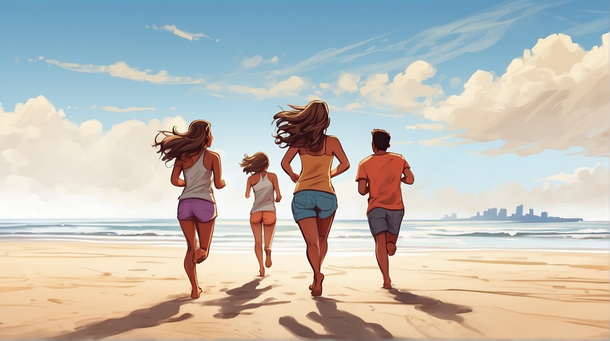 a team running to the beach, having great fun. viewer looking to their backs.