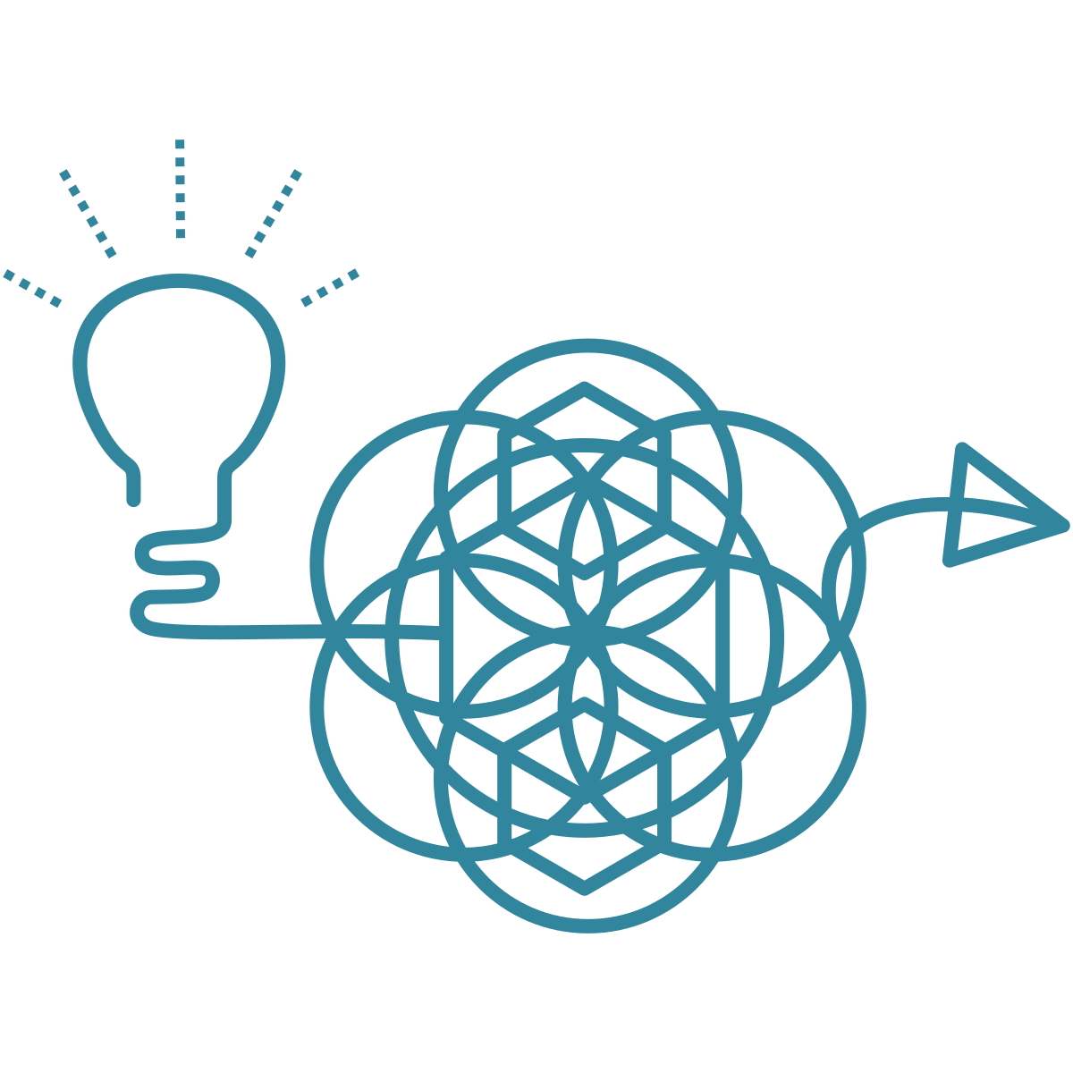 Stilisierte Illustration einer Glühbirne, die über Linien mit einem Pfeil und geometrischen Mustern verbunden ist, als Symbol für Kreativität, Ideenfindung und Problemlösungsfähigkeit.
